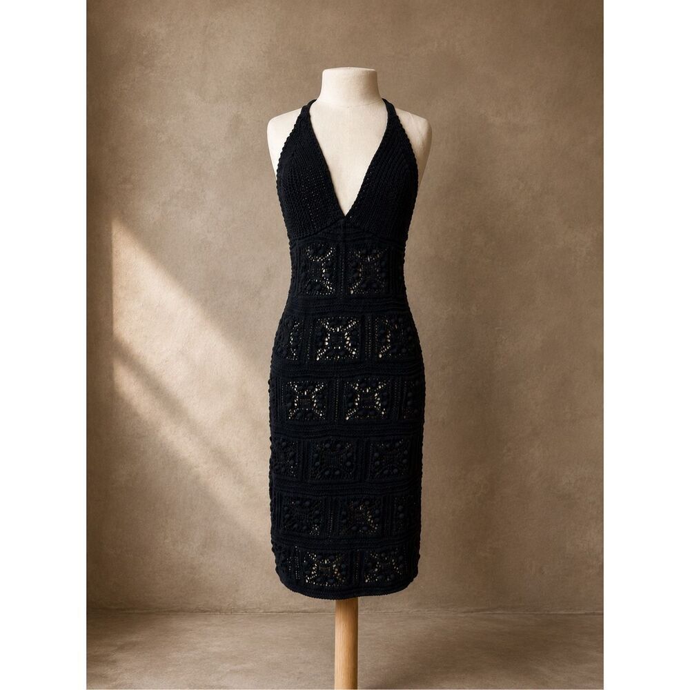 Anthropologie Sz M Black Crochet Beach Coverup Bodycon Dress